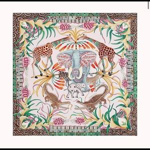 HERMES Silk La Marche Du Zambeze Scarf 90 Rose Pale Vert Jaune